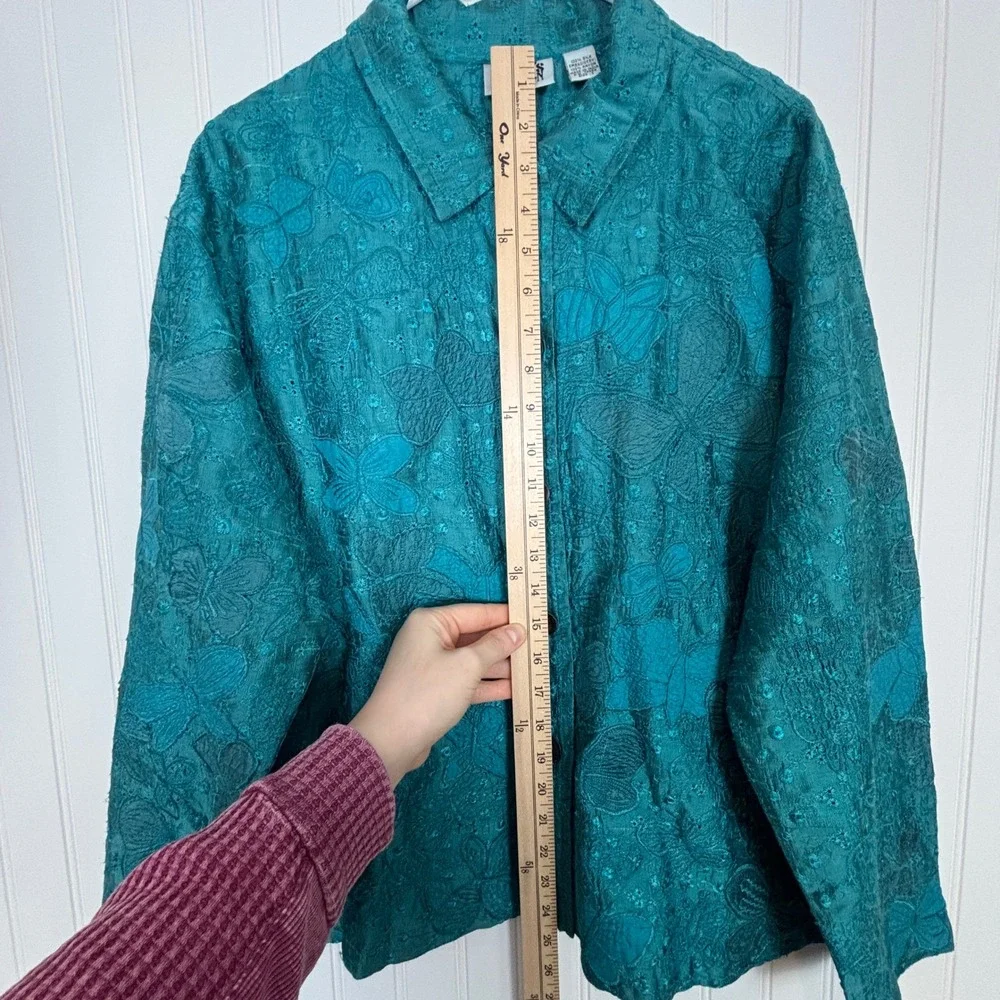Vintage Chico's Teal Floral Button Up Blouse L Butterfly Silk Artsy Boho Retro - Picture 8 of 10